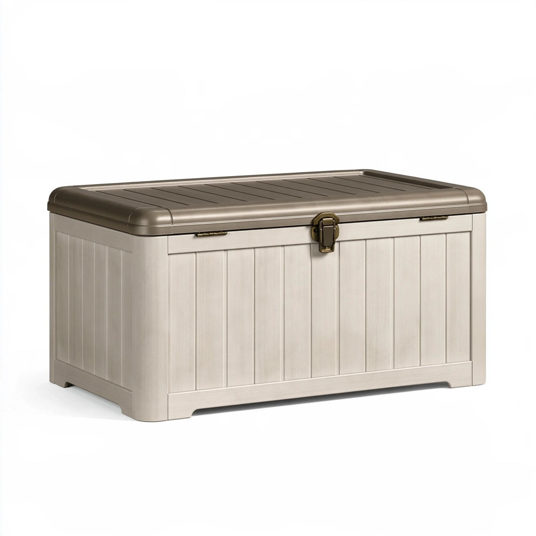 Aufbewahrungsbox 120 x 60 x 58 cm Kunststoff Beige Braun mit Deckel für Außenbereich