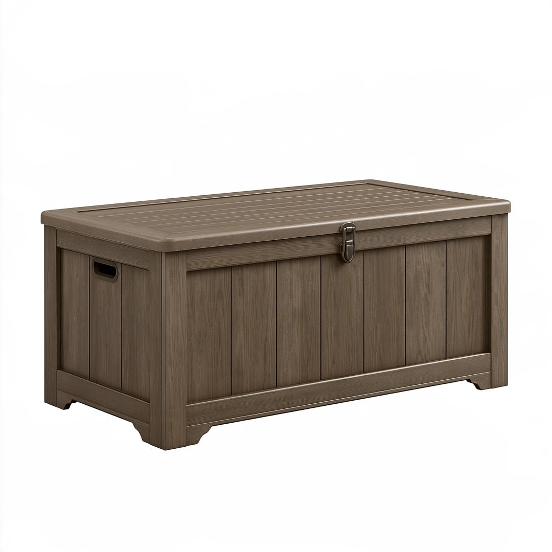 Garten-Aufbewahrungsbox 120 x 60 x 65 cm Kunststoff Taupe Holzoptik mit Klappdeckel
