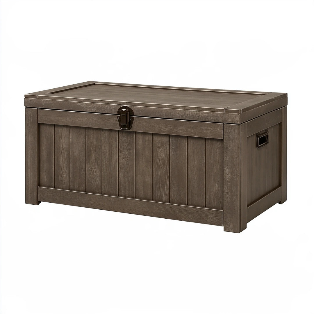 Aufbewahrungsbox 120 x 55 x 60 cm Kunststoff Braun für Garten in Holzoptik mit Klappdeckel