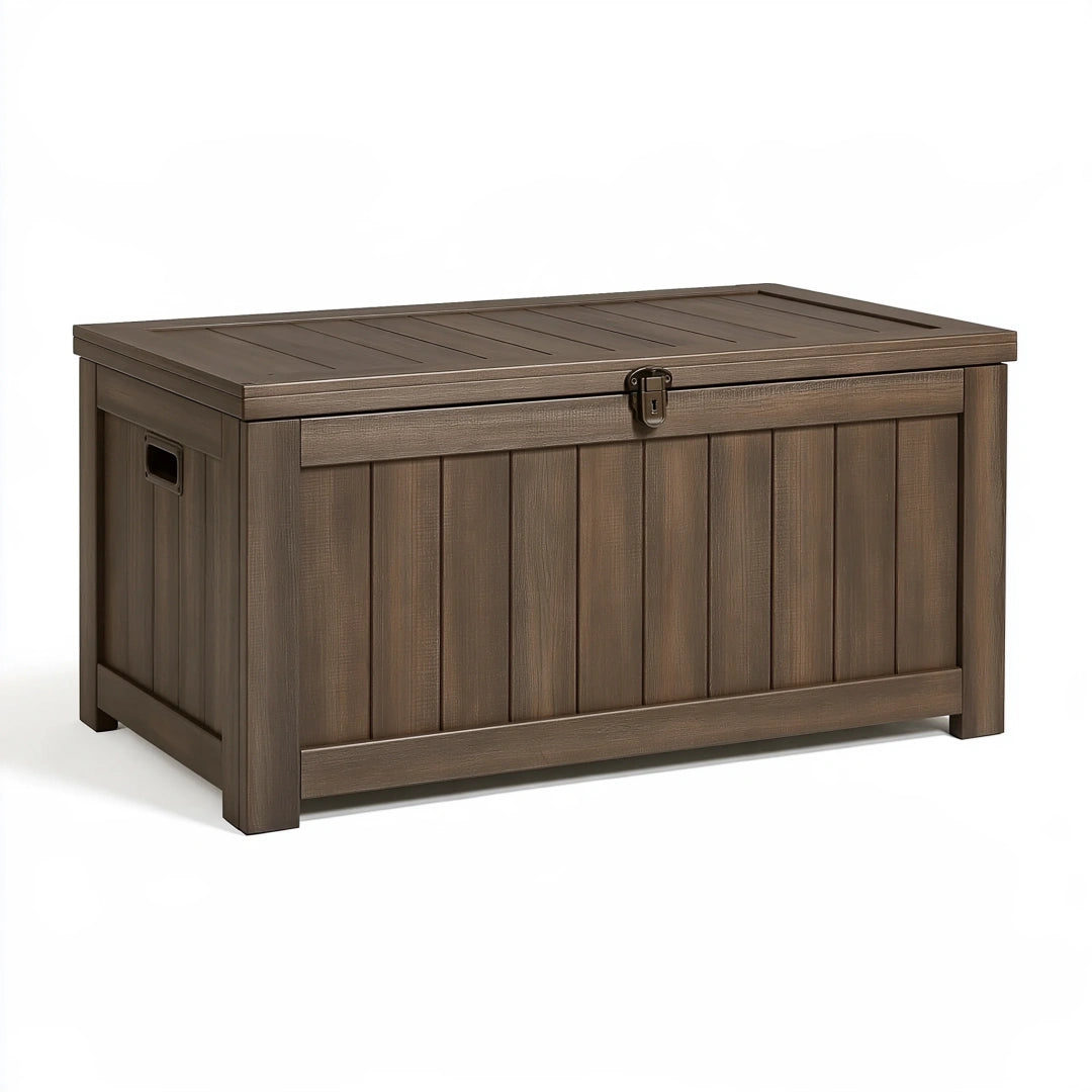Aufbewahrungsbox 120 x 60 x 65 cm Kunststoff Braun - abschließbare Gartenbox in Holzoptik