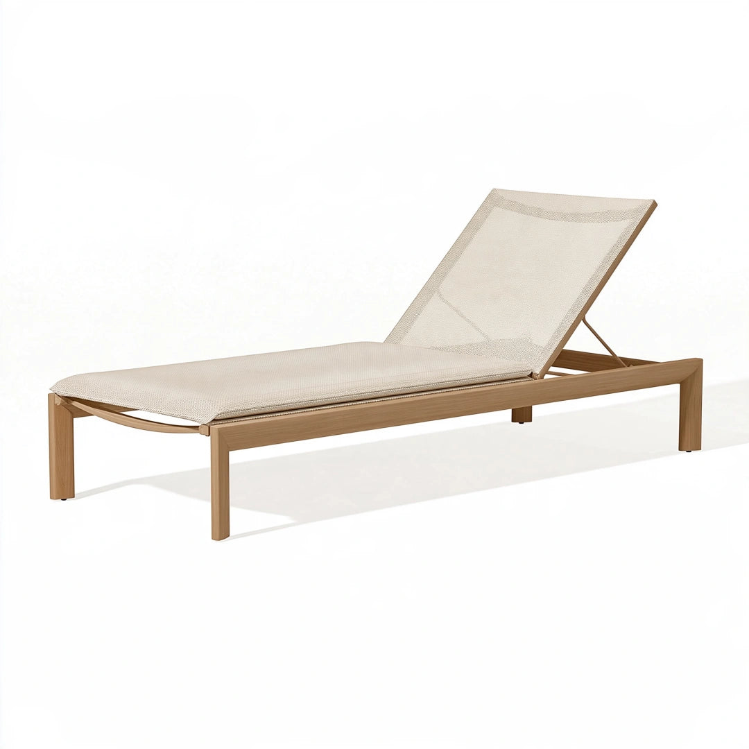 Sonnenliege 200 x 70 cm aus Holz in Beige und Braun mit verstellbarer Rückenlehne für Garten und Terrasse