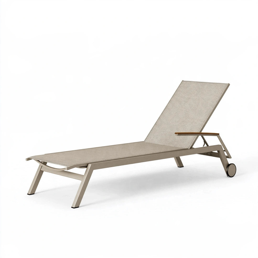 Gartenliege 200 x 70 x 95 cm aus Aluminium und Textilgewebe in Taupe mit verstellbarer Rückenlehne und Rollen