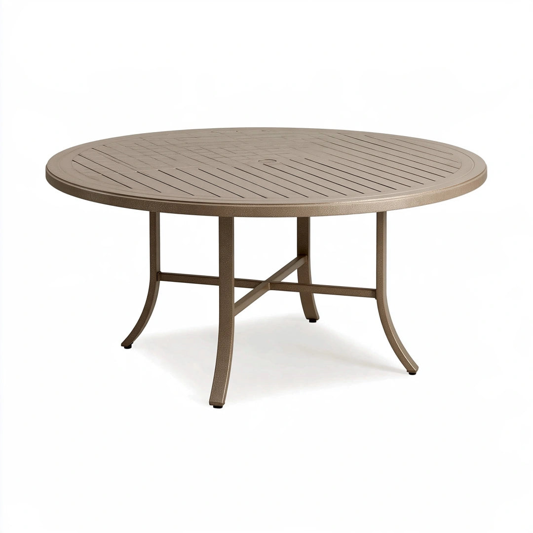 Runder Gartentisch Durchmesser 120 cm Höhe 74 cm Metall Taupe für Außenbereich mit Lamellenplatte