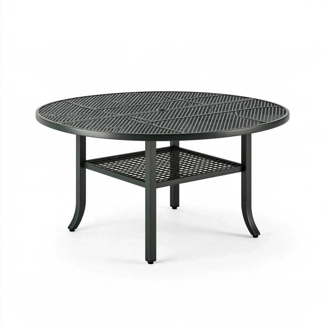 Gartentisch rund Durchmesser 90 cm Metall Schwarz mit Ablagefläche