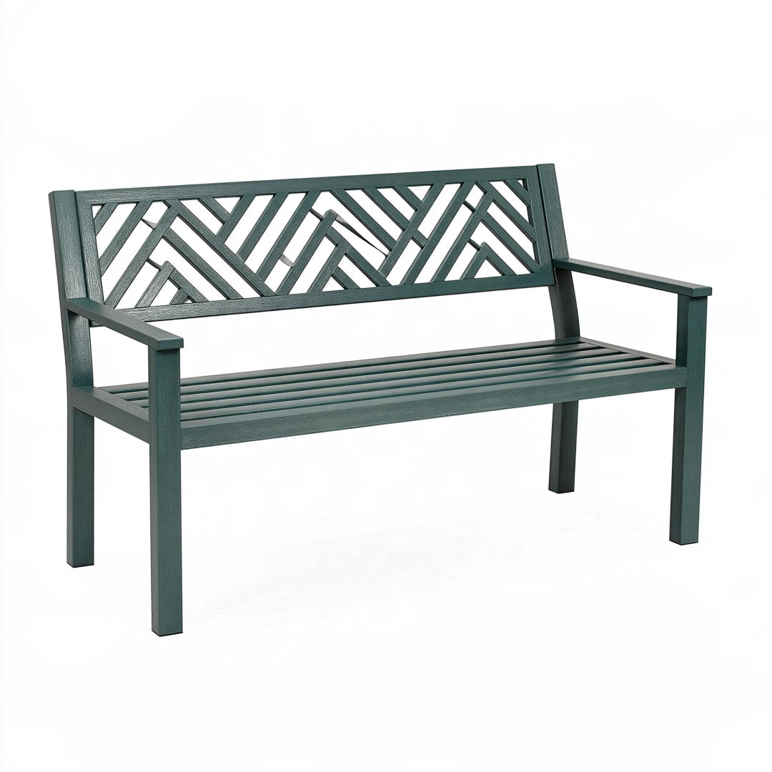 Gartenbank 120 x 60 x 85 cm aus Kunststoff Dunkelgrün mit Armlehnen im geometrischen Design