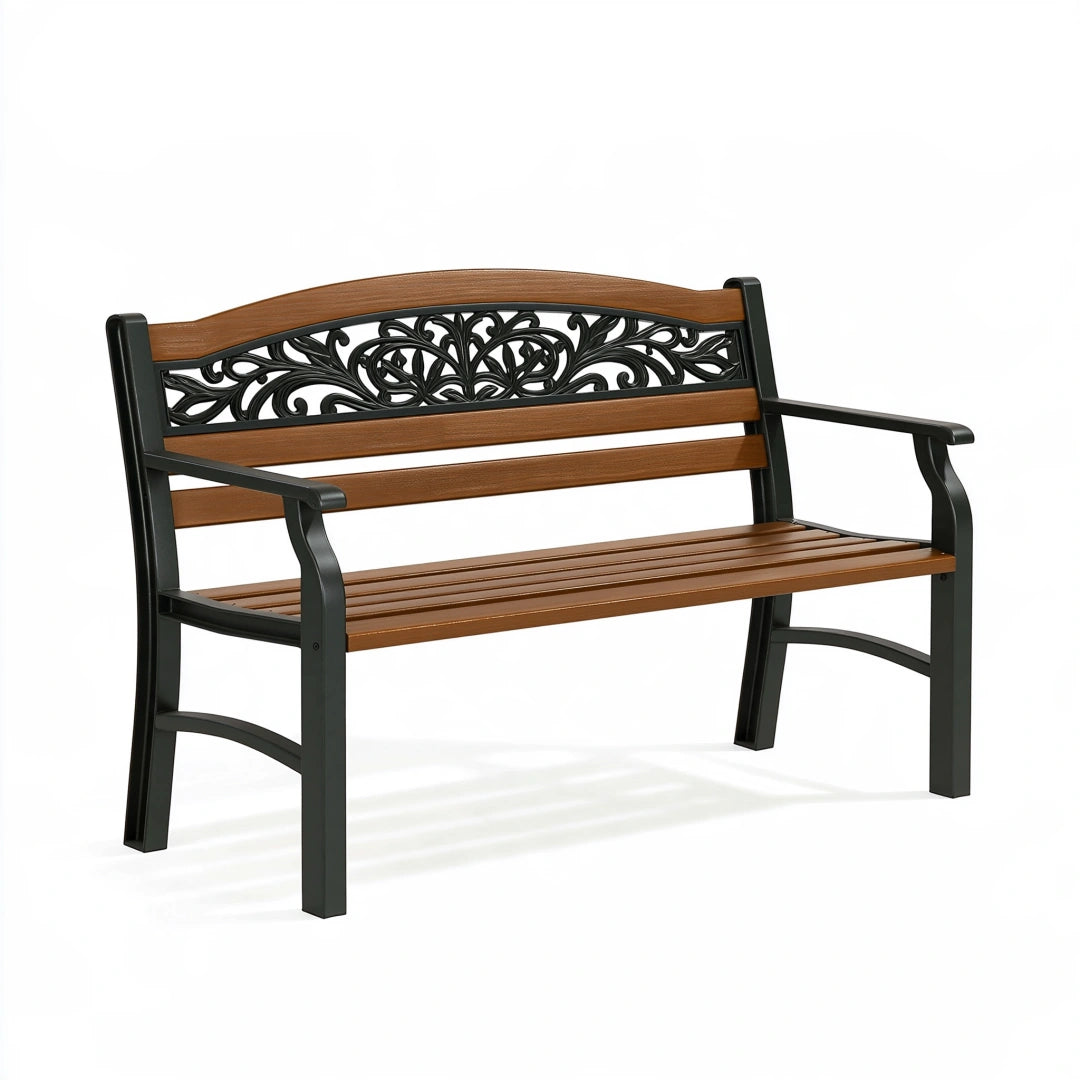 Gartenbank 122 x 62 x 88 cm Metall Holzoptik Braun Schwarz mit Armlehnen