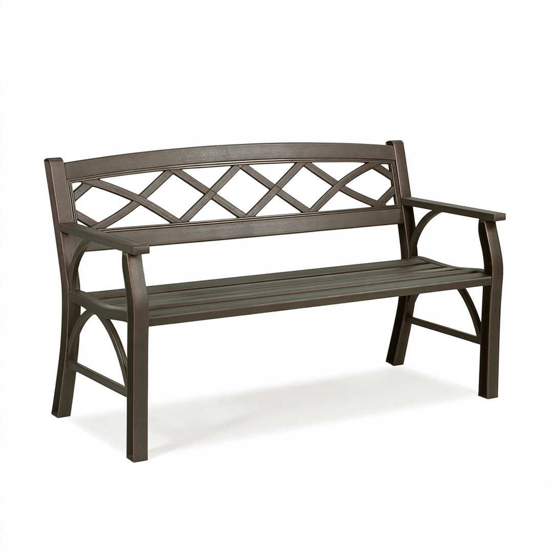 Gartenbank 120 x 60 x 85 cm aus Metall dunkelbraun - Latten Sitzfläche mit Rankengitter